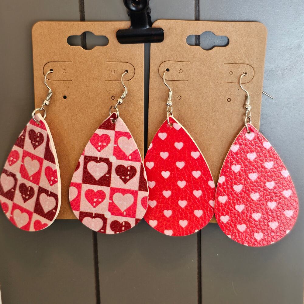 Valentine Earring Gift Dangle Women Teardrop Faux Leather Hearts Red Pink 2 Pair